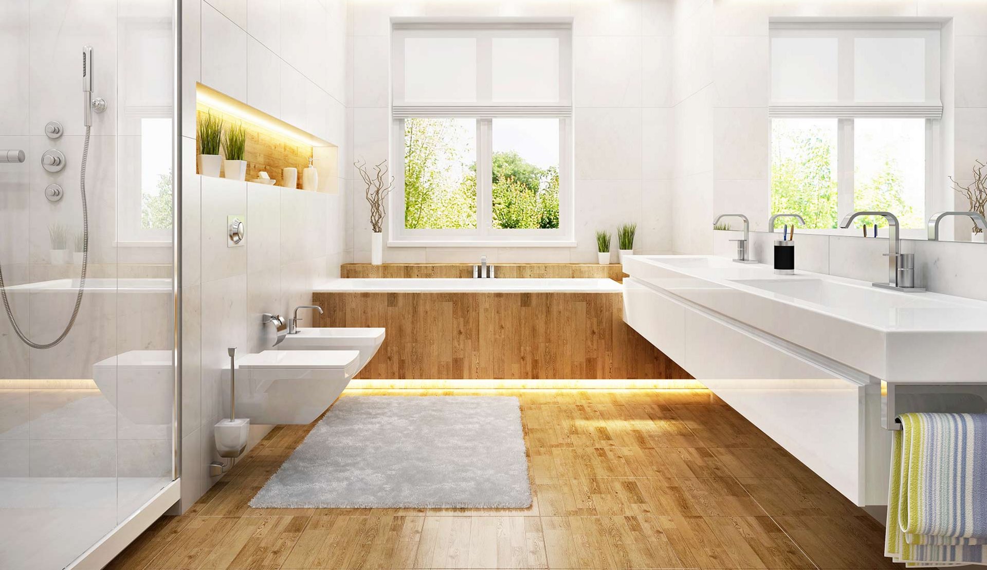 Holz-Berner – Eleganz für Ihr Badezimmer Helles, modernes Badezimmer mit Holzboden und freistehender Badewanne mit Blick auf einen grünen Garten.